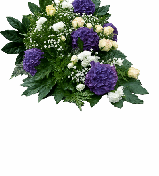 Smuteční aranžmá s hortenzemi, růžemi a gypsophilou